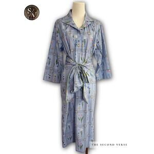 Holly Shae Spring Dress, Botanical Library Tie Waist Blue Midi Size M/L